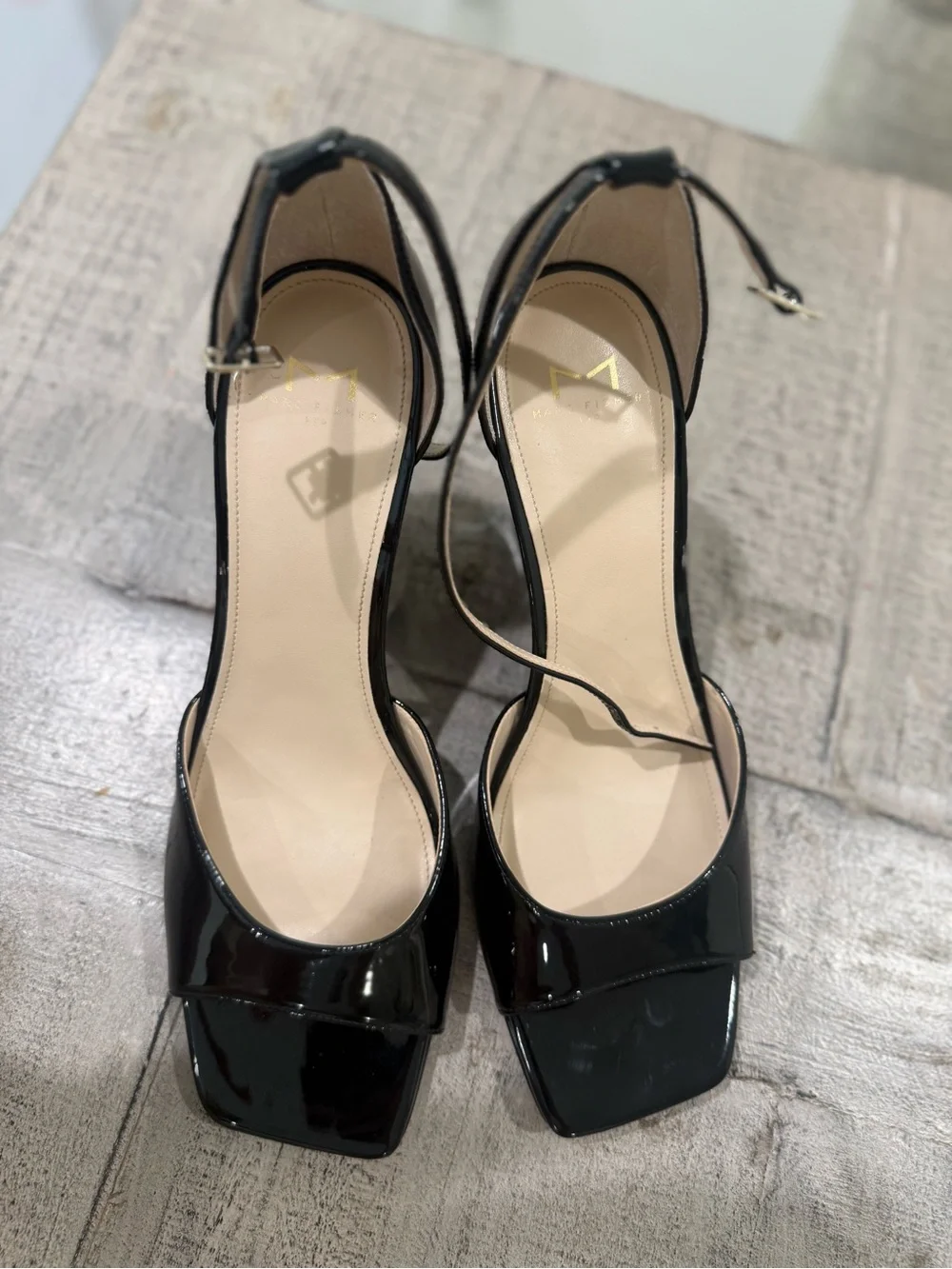 Marc Fisher Black Patent Wedge Ankle-Strap Sandals